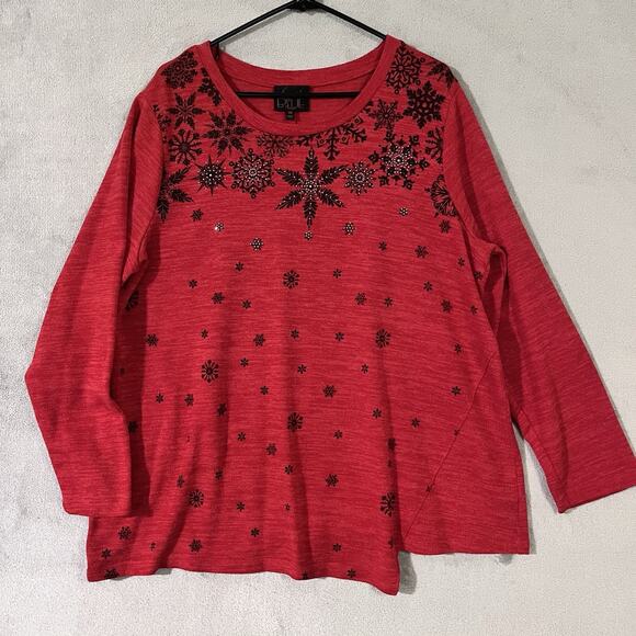 French Blue Holiday Pullover Sweater Top 3X Womens Plus Red Snowflake Christmas - Picture 1 of 8